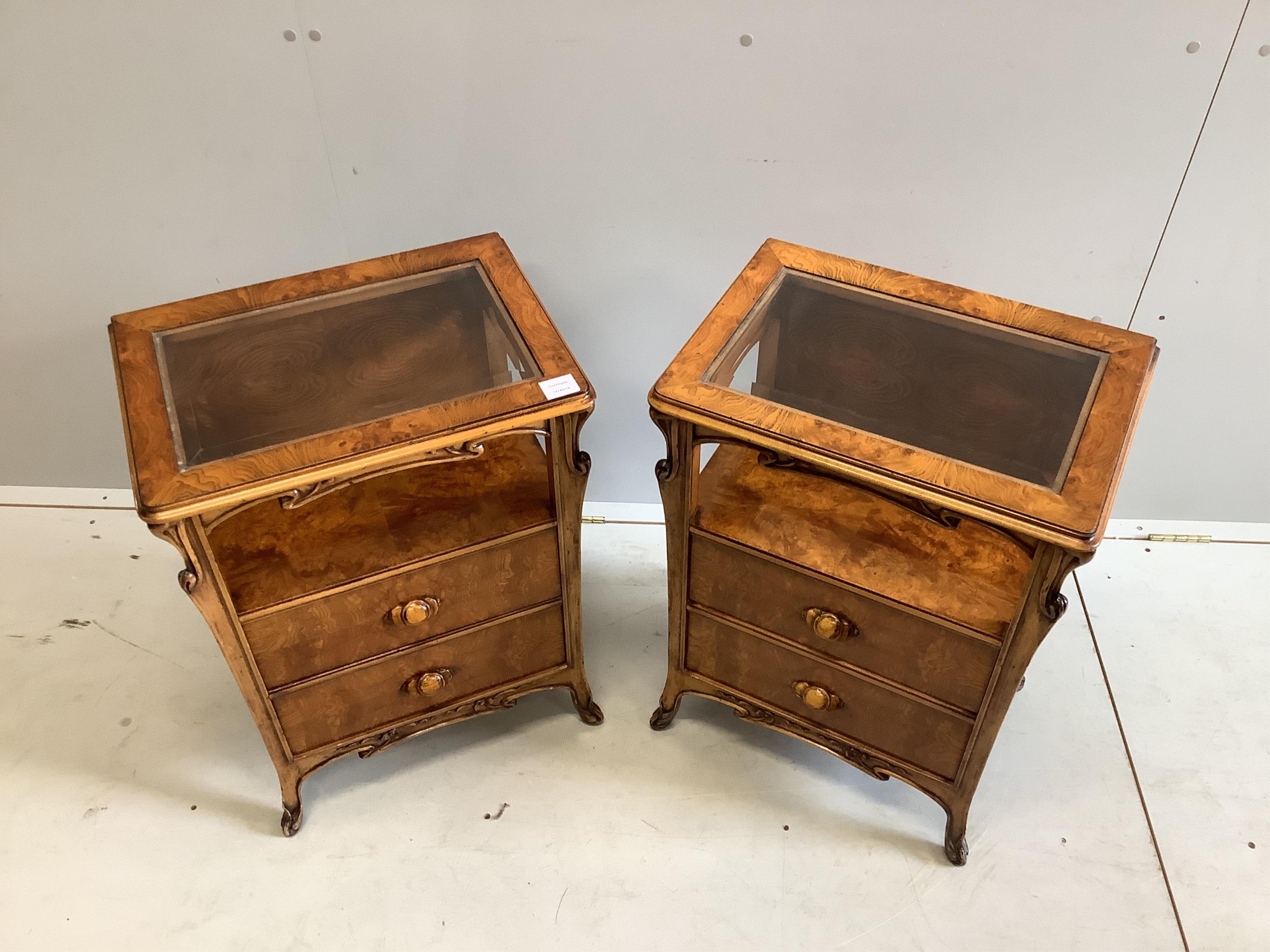 A pair of reproduction Gallé style burr elm bedside chests, width 51cm, depth 36cm, height 70cm, together with a matching caned headboard. Condition - good
